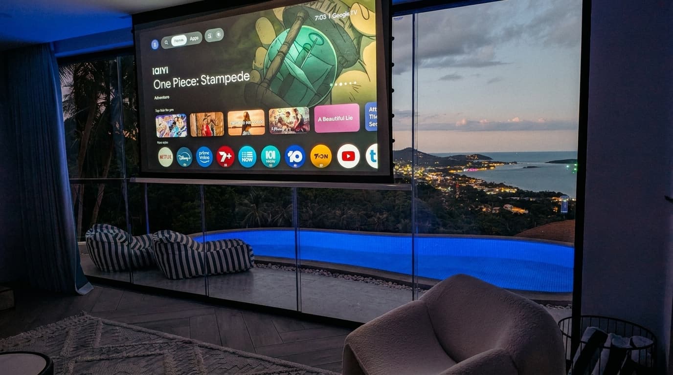 The projector screen down at night with the lights of the Gulf of Thailand below.