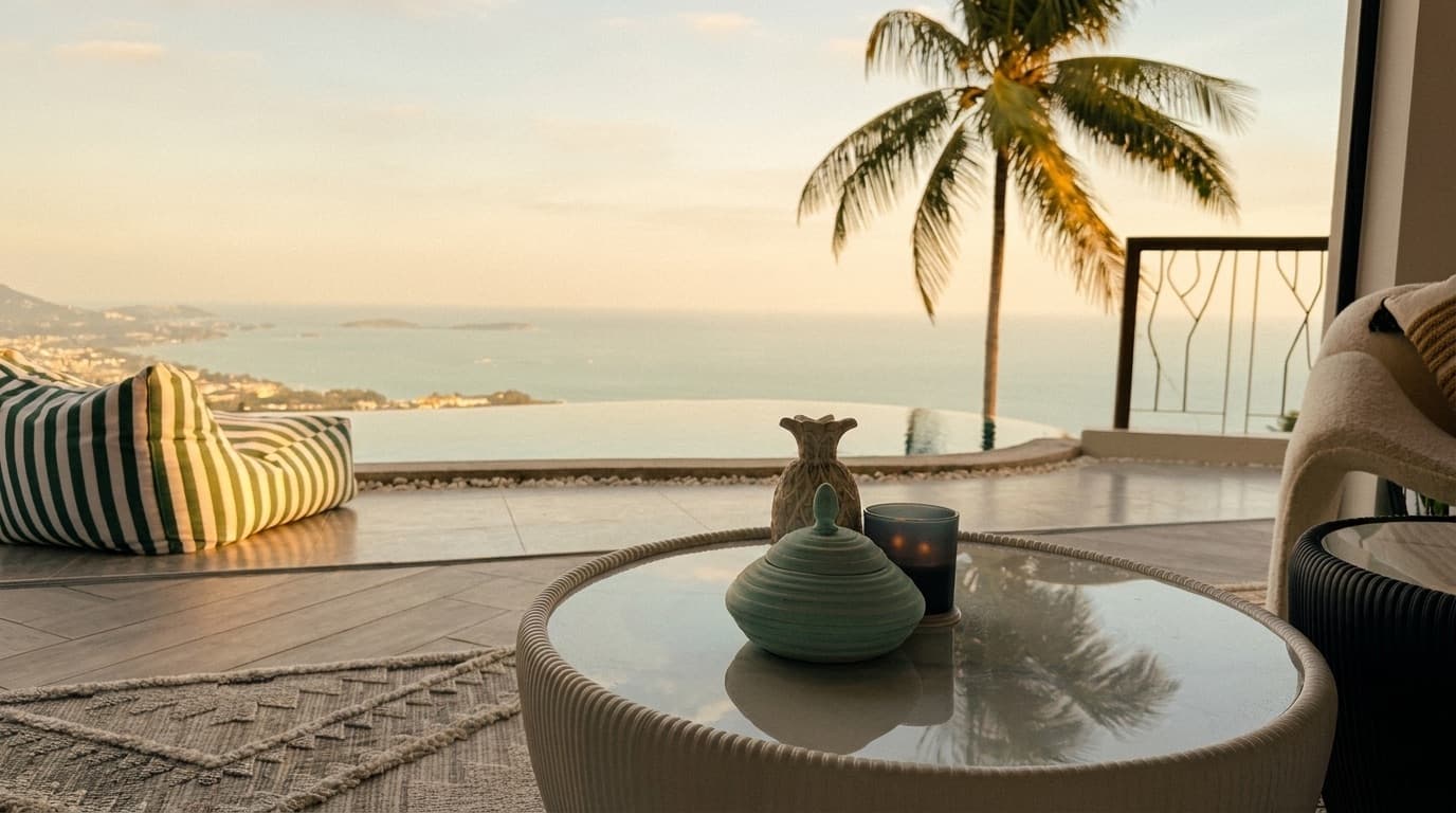 The villa's living room opening onto the infinity pool and the Gulf of Thailand beyond.